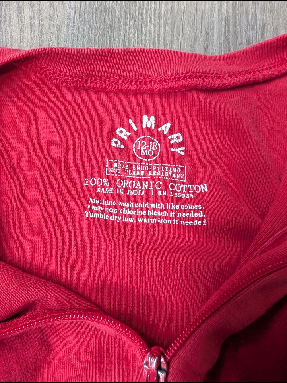 Primary Kids Red Organic Cotton Zip Footless Romper Sleeper‎ 12-18 Months